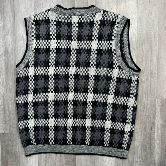 Vintage 80s 90s Plaid Gray Black White Sweater Vest  Size XL - Picture 4 of 8